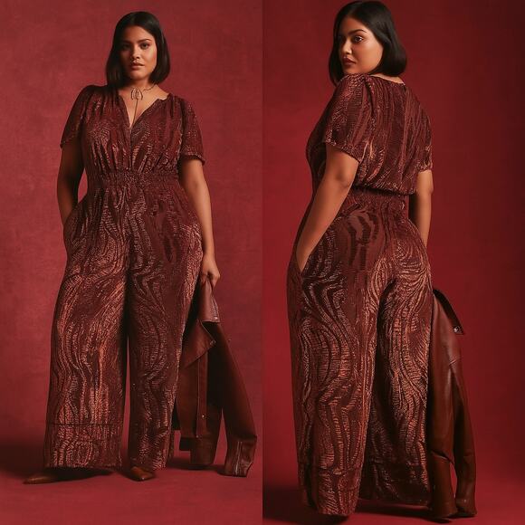 Anthropologie The Somerset Jumpsuit Velvet Burnout Edition Burgundy 2X Flowy - Picture 1 of 16